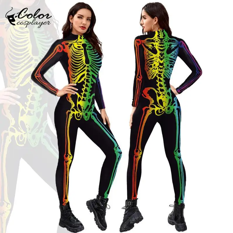 

Color Cosplayer Halloween Carnival Party Cosplay Bodysuit Women Cosplay Costumes Sexy Skinny Skeleton Printed Jumpsuit Catsuit