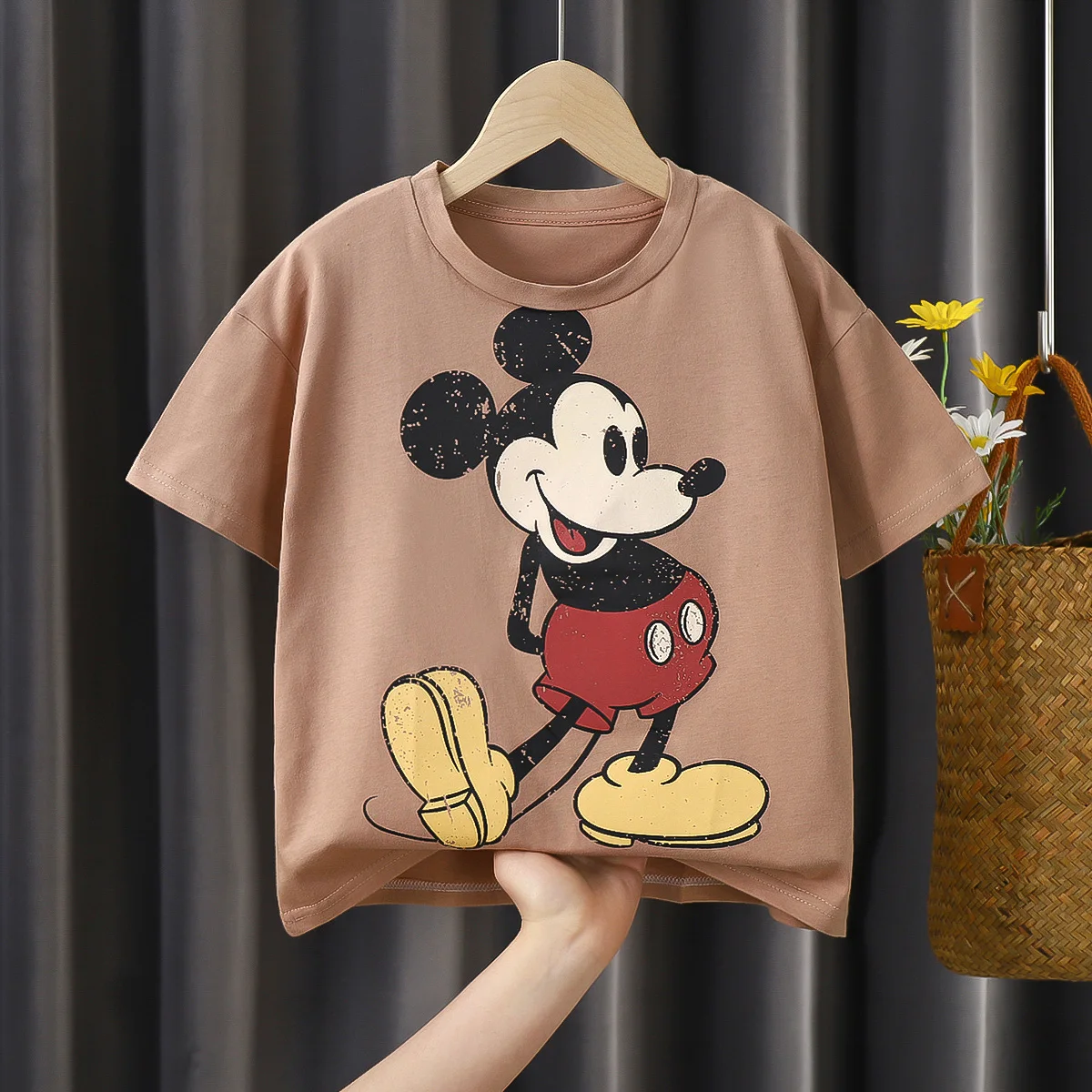 Mickey Print T-shirt Summer Clothing Solid Color Short Sleeve Tops Casual Simple Cartoon Cute Crewneck Base Shirt For Baby 3