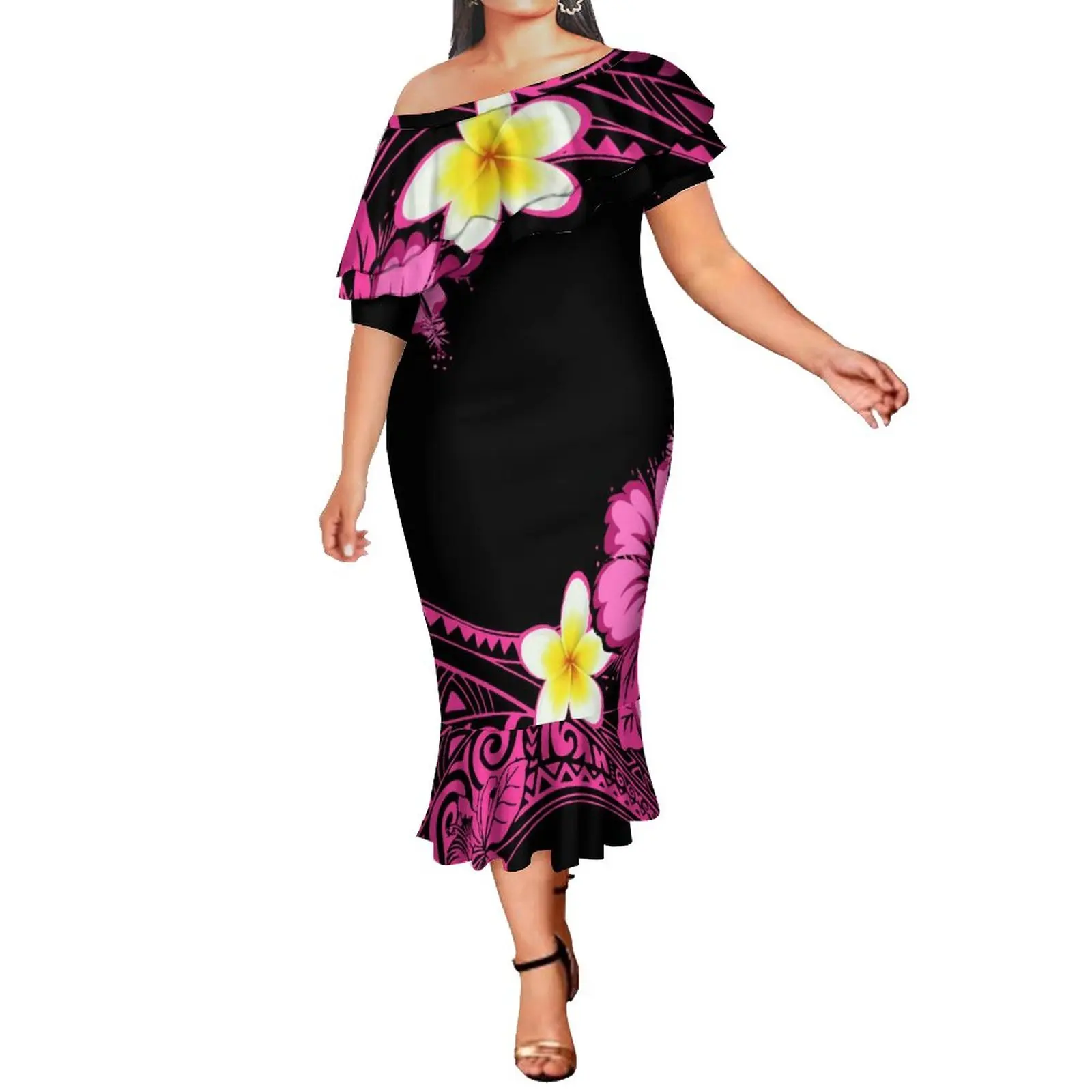 

Pacific Island Art Fashion Double Ruffle Mermaid Dress Tongan Polynesian Off Shoulder Fishtail Dresses Customize Luxury Design