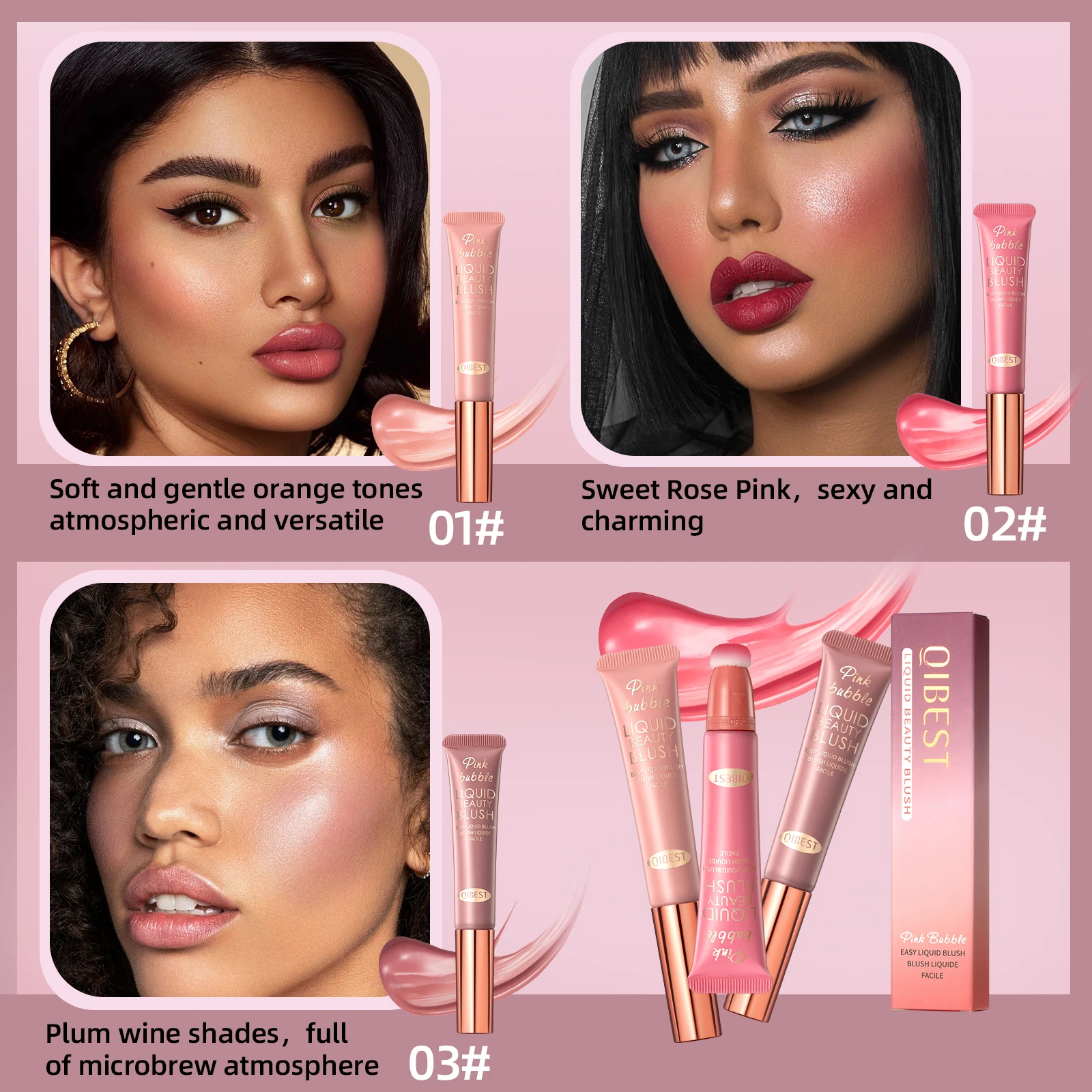 QIBEST Liquid Contour With Cushion Applicator For Cheeks Tint Natural Shimmer Finish Moisturizing Creamy Liquid Blush Highlight 2