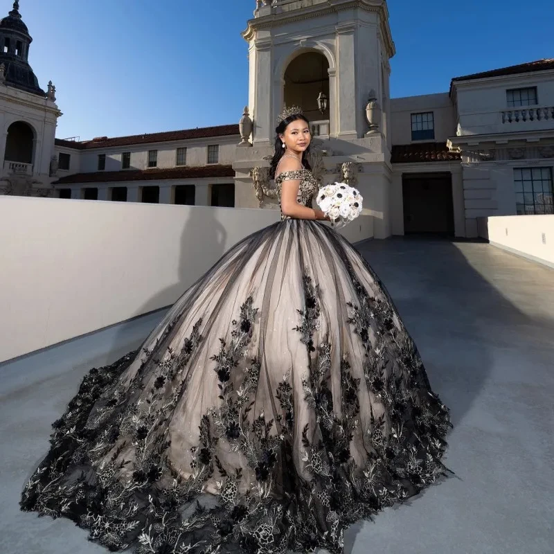

Dlassdress Sweet Princess Floral Tulle Prom Dress Sleeveless Floor Length Dress Girls Quinceanera 3D Applique Debut Ballkleid