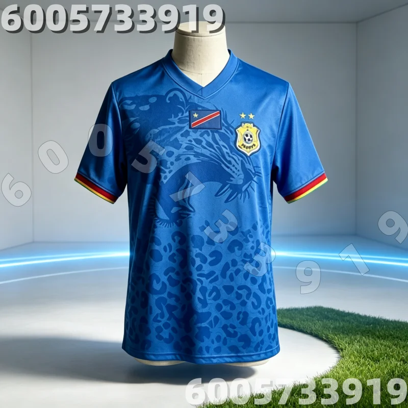 2026 Topseller DR Kongo Inspirierte Fußballtrikots für Herren Blaues Leopardenmuster 3D-Druck Shirt Familien-Partnerlook Familien-Kinder-T-Shirts