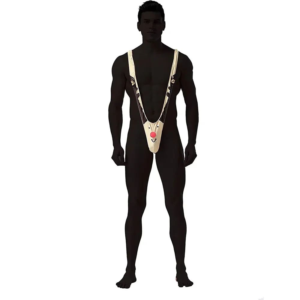 Men&rsquo;s Christmas Gag Gift Reindeer Mankini Thong Swimsuit One Piece Swimwear Novelty Bodysuit Underwear with Bells Khaki One Size