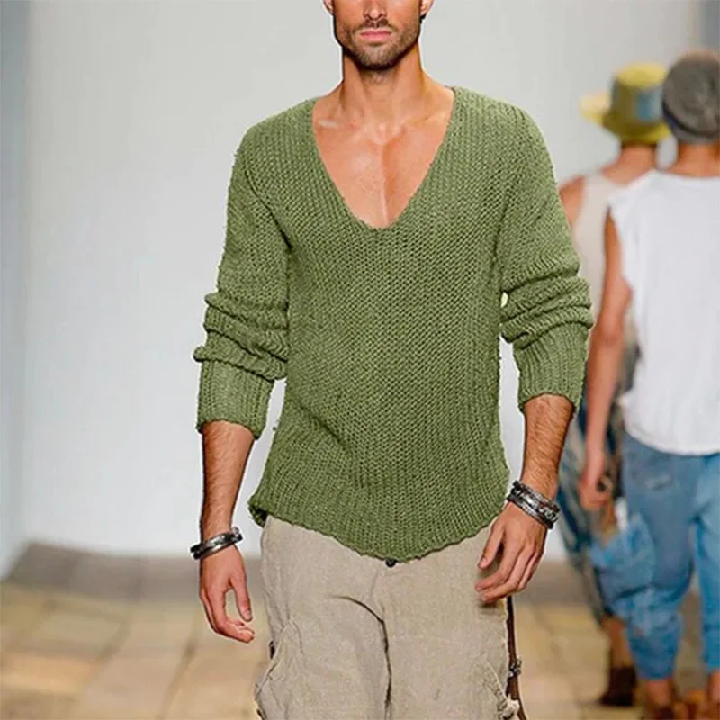 Basic Sweater Men's Long Sleeved V-neck Loose Solid Color Knitted Pullover