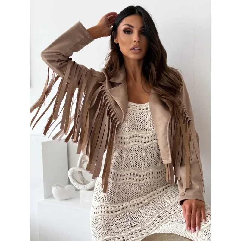 New Fashion Street Style Women's Lapel Long-sleeved Jacket Solid Color Cool Elegant Fringed Cardigan Short Coat Top