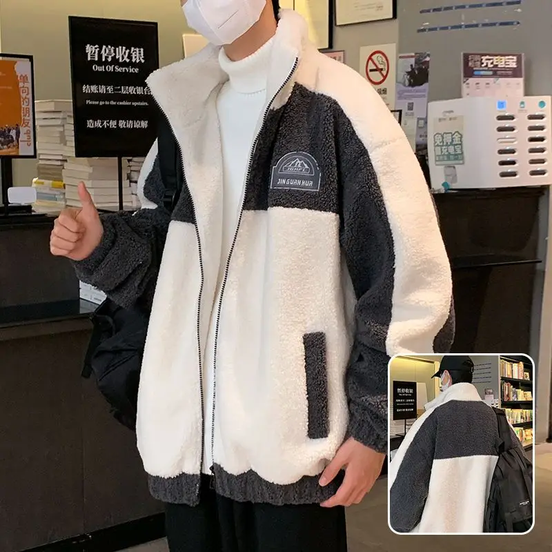 Autumn Winter New Style Men Coats Fashion Warm Lamb Wool Coat Warm Cotton Clothes Male Loose Stand-up Collar Zipper Tops