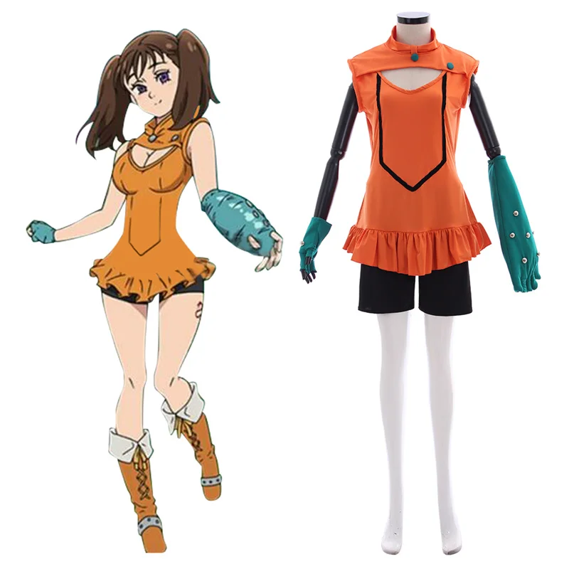 

Anime The Seven Deadly Sins Diane Cosplay Costume Orange Uniform Set With Glove Suits For Women Halloween Outfits