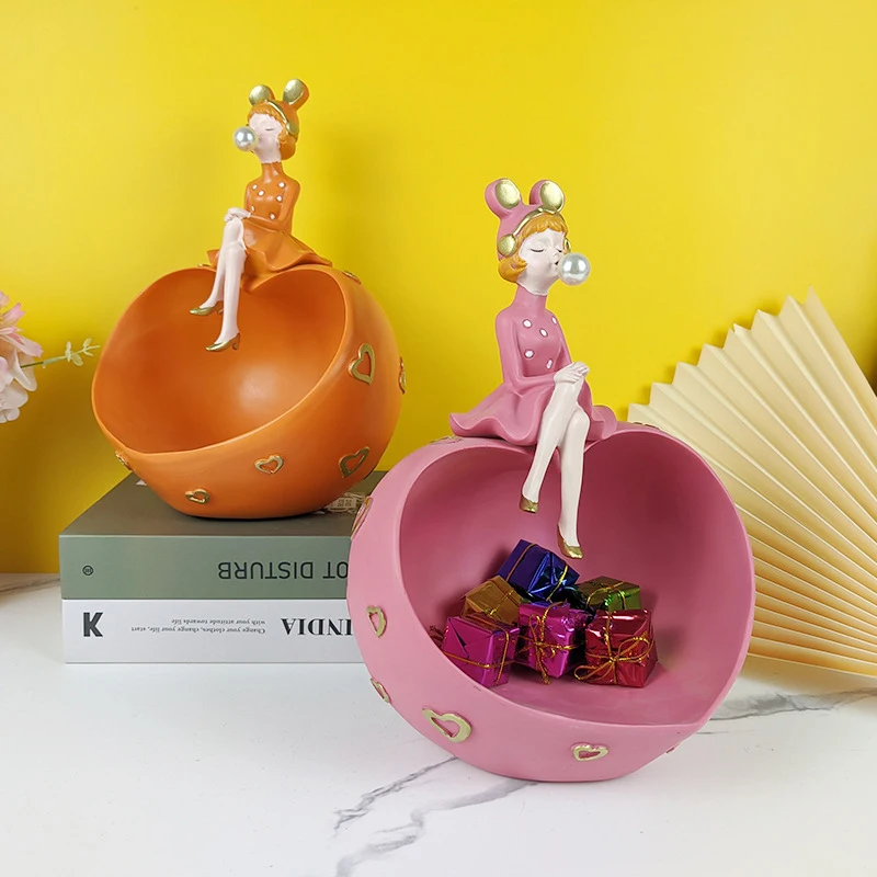 Key Storage Bowl Bubble Blowing Girl Resin Statues For Home Office For