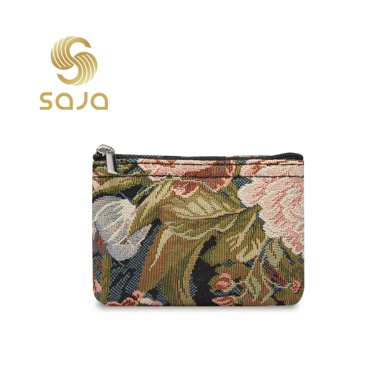 SAJA Small Key Wallet Coin Purse Mini Women's Wallet Peony Floral Flower Vintage Tapestry Bag Pouch Credit Card For Girl Ladies