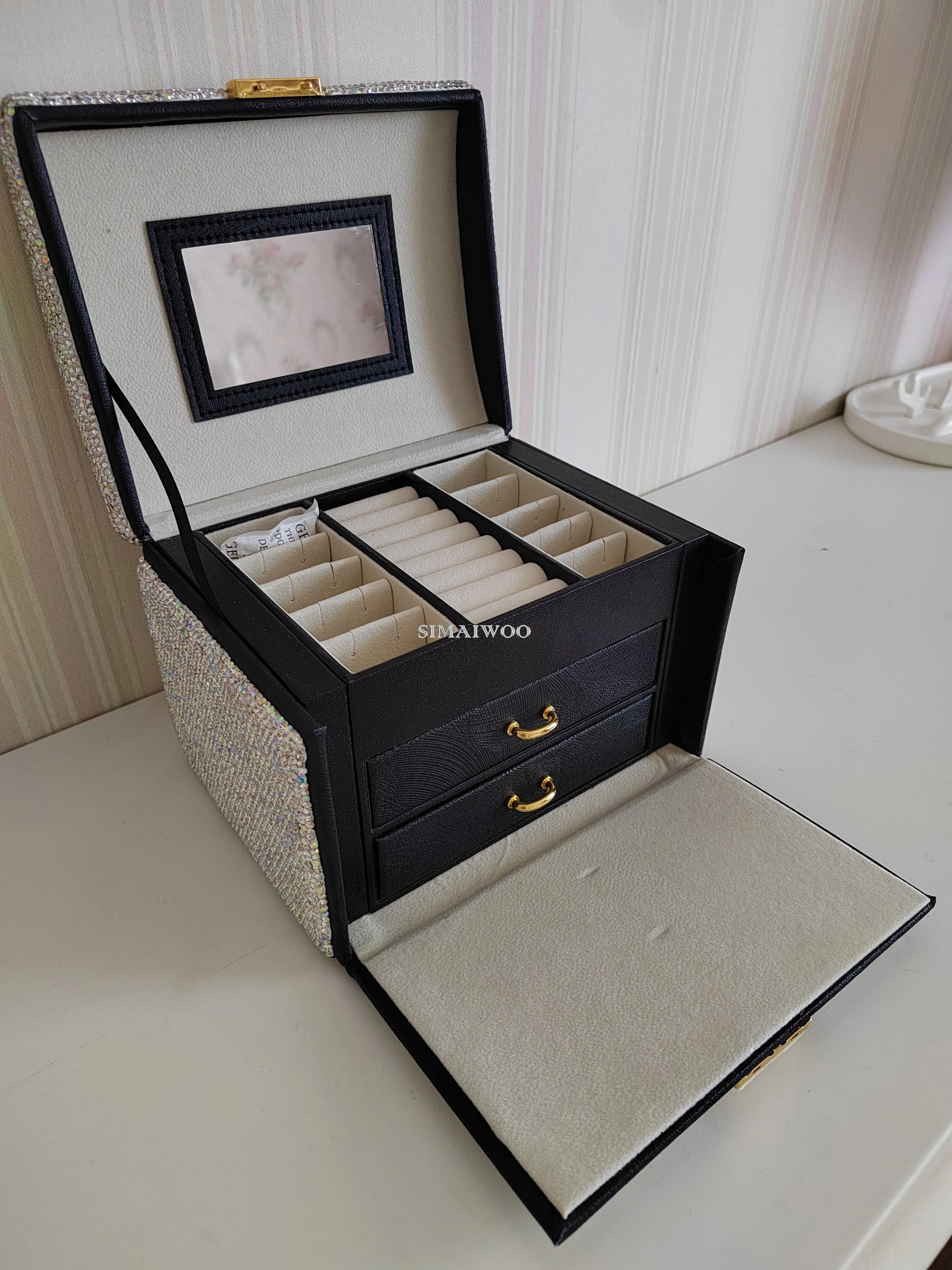 Luxus Glas Strass Schmuck Aufbewahrungsbox Ring Halskette Ohrring Organizer Handgefertigte Hochzeitsartikel Bling-bling Mosaik Geschenk – Detail 13