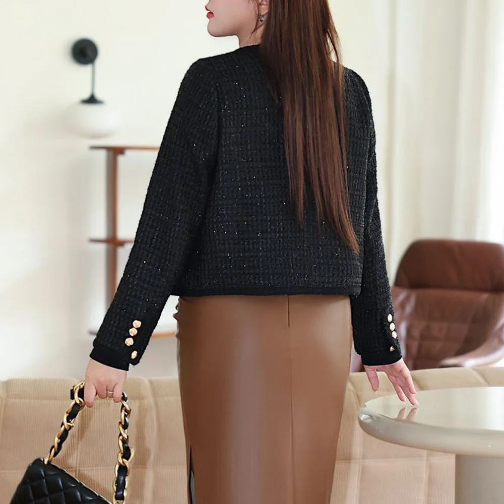 Gold Button Chic Texture Tweed Coat for Women, Commuter Coat, Exquisite Woolen Cloth Jacket, Plus Size, Autumn and Winter, N9051
