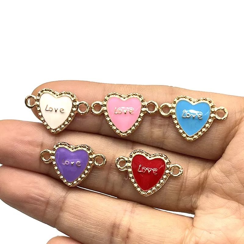 

50Pcs Love Heart Charm Single Hole Drip Oil Fitting Fashion Metal Pendant Made With Necklace Beads DIY Bracelets Many Colors
