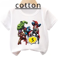Summer 2 3 4 5 6 7 8 Birthday Marvel SuperHero Short Sleeved Child Cotton T-shirt The Avengers Party Kids Clothes Baby Tees Tops 1