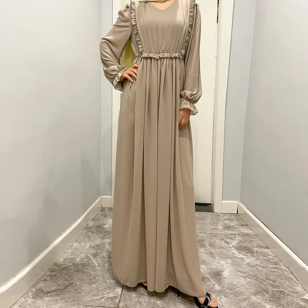 

New Ruffles Solid Color Chiffon Maxi Dress for Women Elegant Dubai Evening Party Gown Muslim Abaya Turkey Saudi Arabic Robe 2024