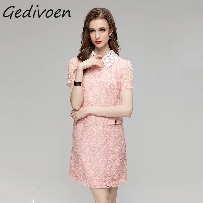 

Gedivoen Summer Fashion Runway Loose Casual Dress Women's Puff Short Sleeve Pocket Embroidery Hollow Out Elegant Pink Mini Dress