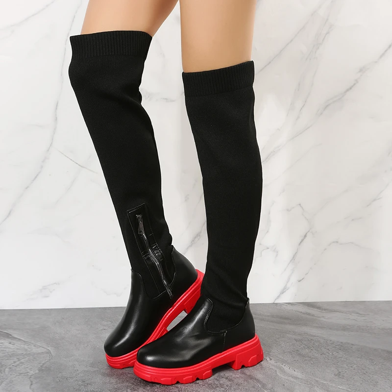 

Winter Women's Boots Velvet Warm Slim Thick Elastic High Heels New Stitched Leather Rubber Large Size Suede Boots Girls Boots