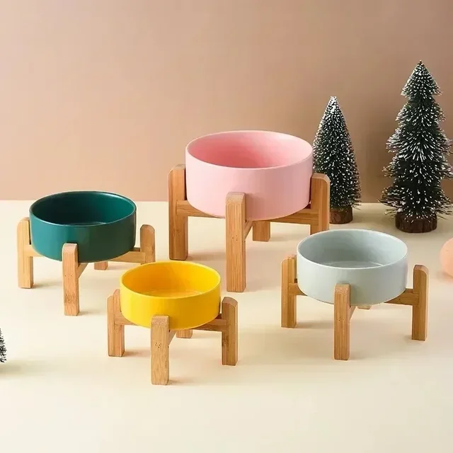 400ml Puppy Bowl Double Ceramic Elevated Pet Food Water Fountain Small and Medium Sized Wooden Bracket Dog Feeding Supplies 3