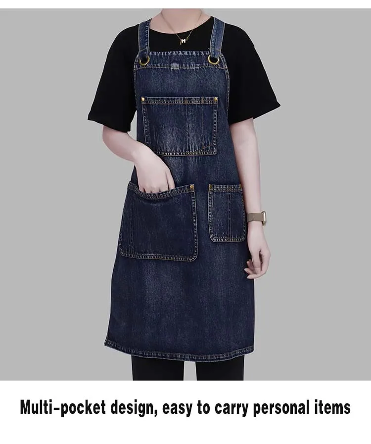 Schwarz-blaue Denim-Schürze mit verstellbarer Taille für Männer und Frauen – ideal für Restaurant, Café, Friseur, Bäckerei, Arbeitskleidung – Detail 10