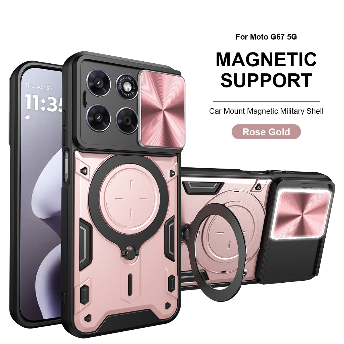 Heavy Duty Rugged Armor Phone Case with Magnetic Bracket and Slide Camera Protection Cover
