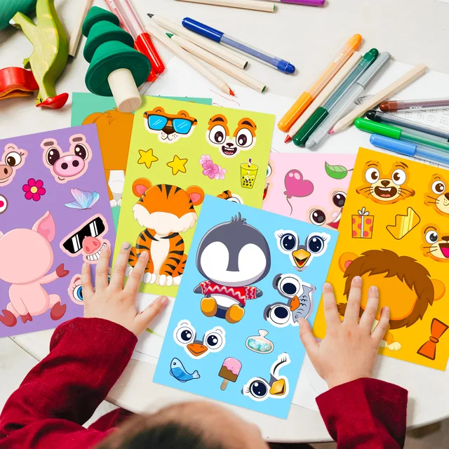 6Sheets Cute Children DIY Puzzle Sticker Games 6 Animals Make A Face Funny Assemble Jigsaw Stickers Kids Educational Toys 5