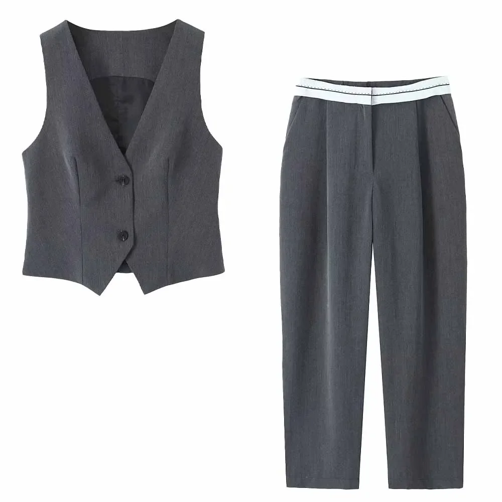 

Women 2023 New Fashion Back buckle decoration Cropped Casual Vest Vintage Sleeveless V Neck Button-up Female Waistcoat Chic Tops