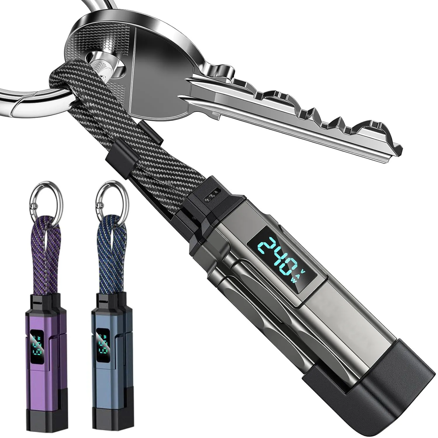 כבל טעינה 4 ב-1 65W בצורת מחזיק מפתחות, כבל USB C עם תצוגת V/A/W, סוג C עבור אפל, כבל נייד לאייפון/אייפד/סמסונג/לפטופ