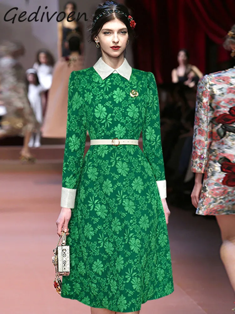 

Gedivoen Autumn Fashion Runway Green Vintage Jacquard Dress Women Lapel Long Sleeve Brooch Sashes Gathered Waist Slim Long Dress