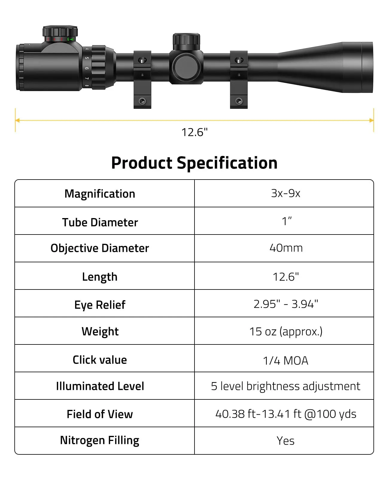 CVLIFE 3 9x40 Rifle Scope Fit 11mm Dovetail Red Green Illuminated Optical Mil dot Reticle Scope For Hunting With Mounts