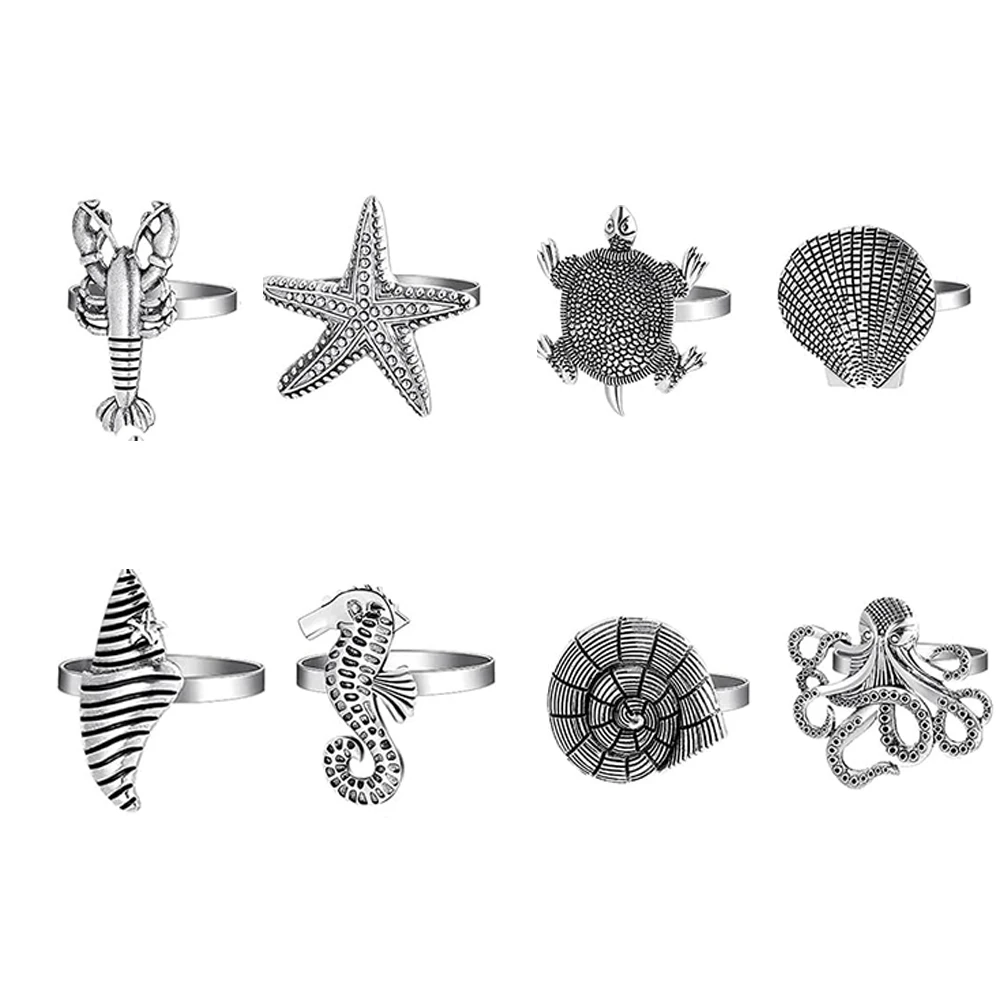 24Pcs Ocean Themed Napkin Rings Metal Starfish Shell Lobster Sea Turtle Napkin Holders for Beach Holiday Party Coastal Table Dec