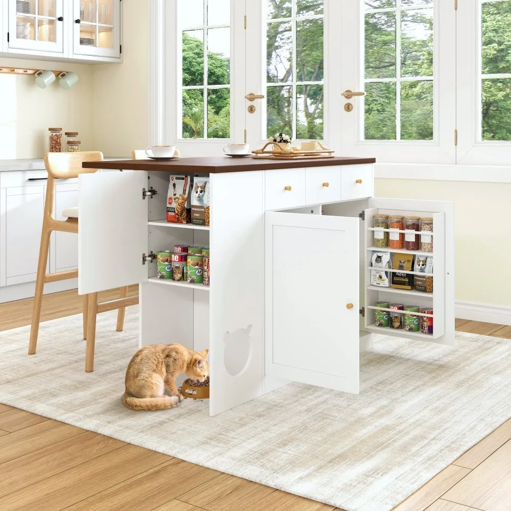 120×(40+30)×90cm Kücheninsel – Trolley & Sideboard mit Schubladen, ausziehbarer Arbeitsplatte, Gewürzregal und Tiernahrungsbereich (ohne Katzenhalter) – Detail 7