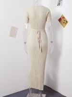 Ladies Knitted Short Sleeve Pleated Long Dress Fashion Spring Summer Women Dress Hip Package O Neck Female Vestidos - Image 5