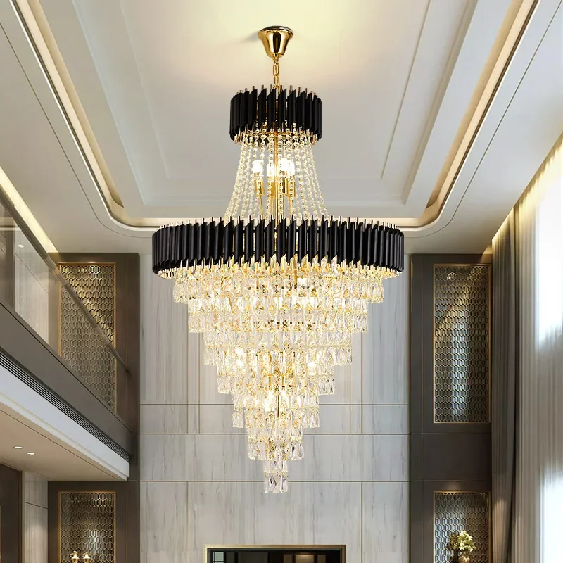 

Decorative Lighting Modern Black Crystal Large Chandelier Hotel Lobby Luxury Design Living Room Chandelier for Staircase Villa