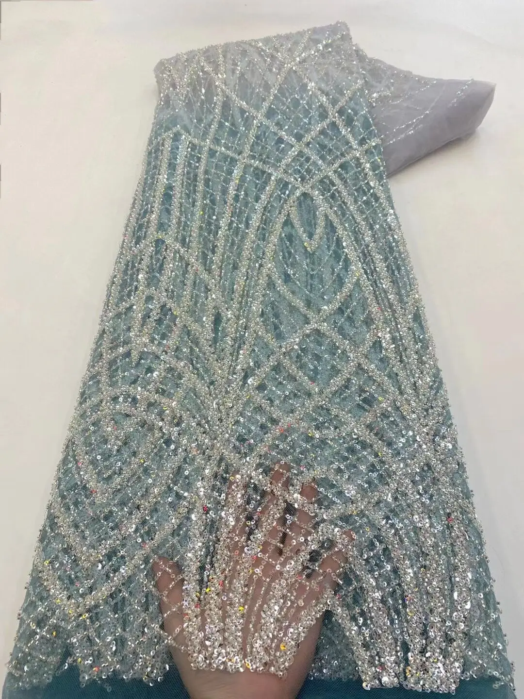 

African French Tulle Lace Fabric ZH-13025510 High Quality Heavy Beaded Lace Material Nigerian Mesh Sequins Lace For Wedding