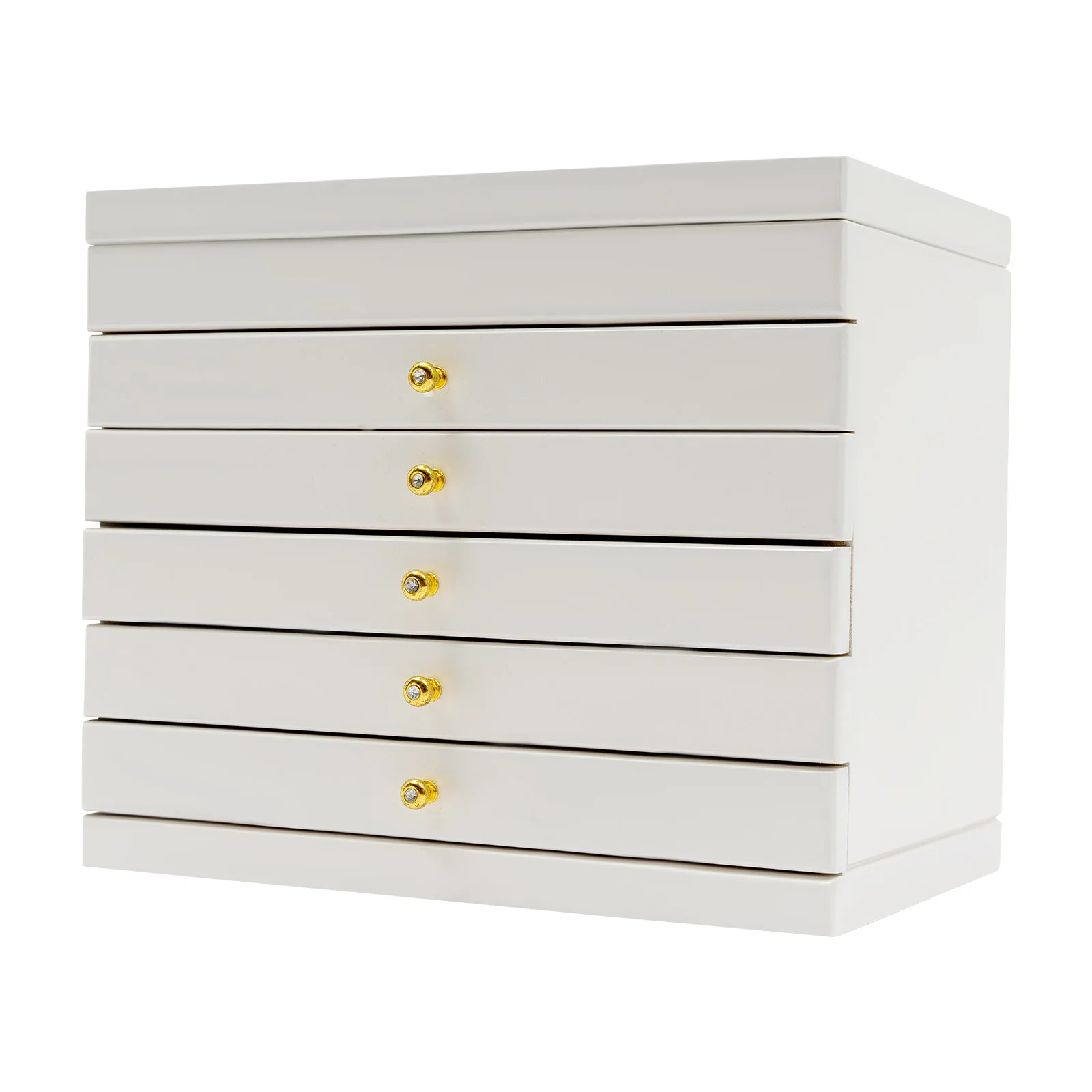 Anspruchsvoller 6-stöckiger Schmuck-Organizer, hergestellt mit Glasplatte und Plüsch-Samt-Innenräumen, moderne Aufbewahrungsbox für weißes Ring-Display – Detail 17