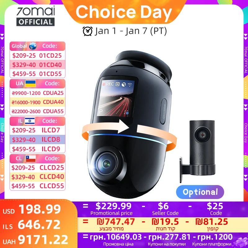 Global Version 70mai Dash Cam 4K Omni X800 360° Rotating Dual