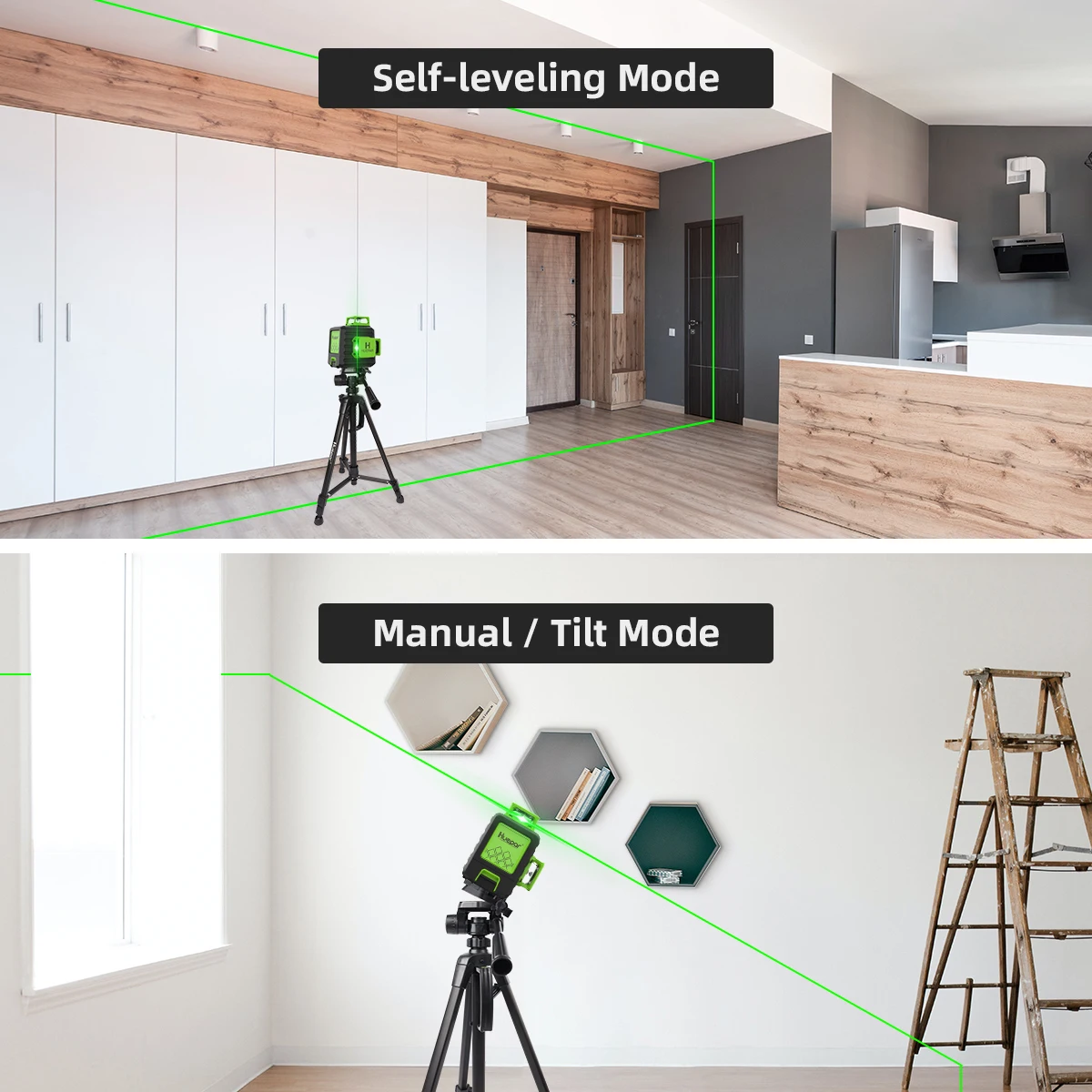 Huepar B03TP 12-Linien-Lasernivelliergerät 3D Selbstnivellierend Hohe Helligkeit Grüner Horizontaler Vertikaler Kreuzlinienlaser Mit Stativ – Detail 3