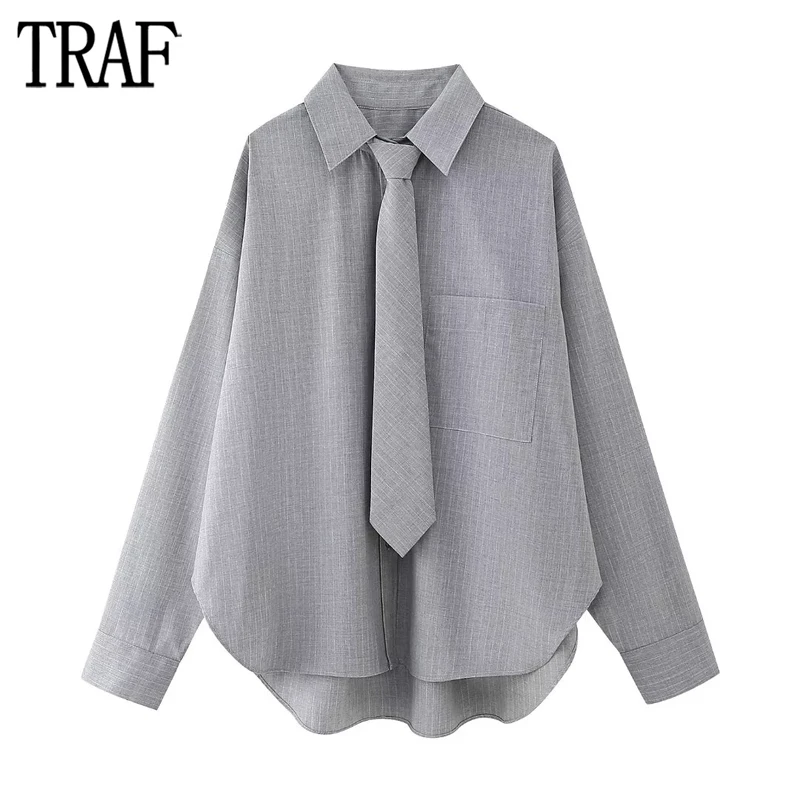 

TRAF Striped Oversized Shirt Women Button up Long Shirt Woman Tie Office Shirts and Blouses for Women Long Sleeve Blouse Female