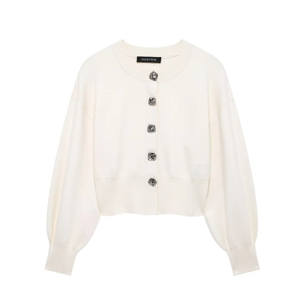 2025 Women's Cream Cropped Puff Sleeve Cardigan