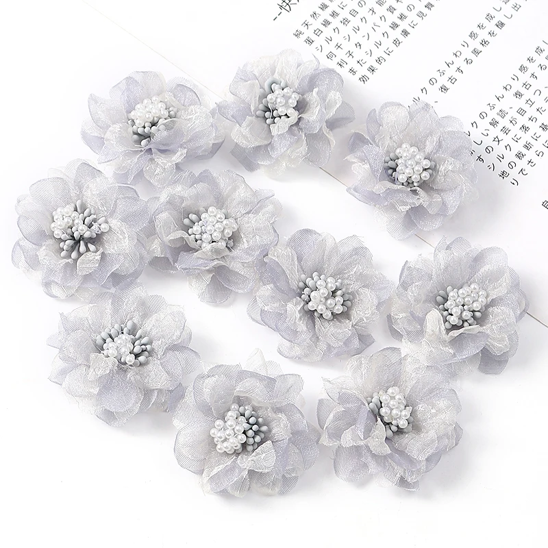 5Pcs Chiffon Künstliche Blumen Kopf Stoff Applique Kleid Nähen Liefert Patches Zubehör Für Kinder Mädchen Haarnadel Dekoration – Detail 10