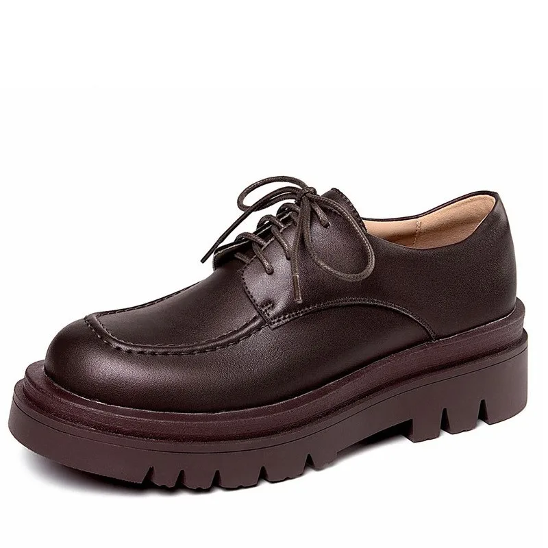 

Lace-Up Casual Loafers Women Pumps Genuine Leather Thick Heels 2023 Spring Summer Platforms Shoes Woman Classic Basic