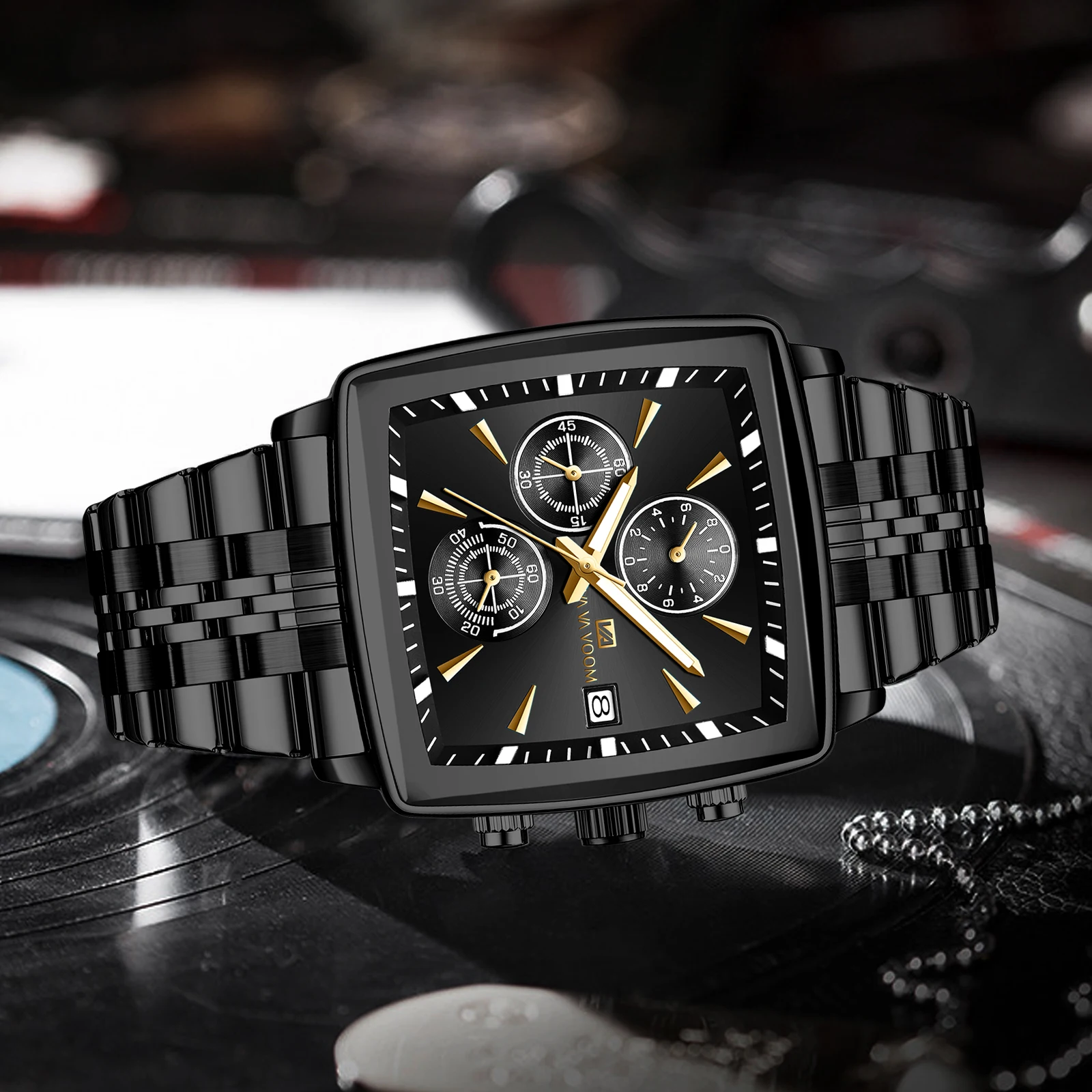 Elegant Men's Multifunctional Black Stainless Steel Watch