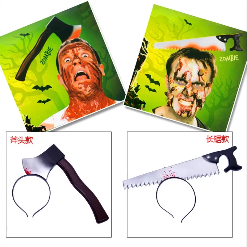 Halloween Horror Props Blood Fake Ax Saws Knife Headband for Halloween Party Masquerade Decoration Supplies