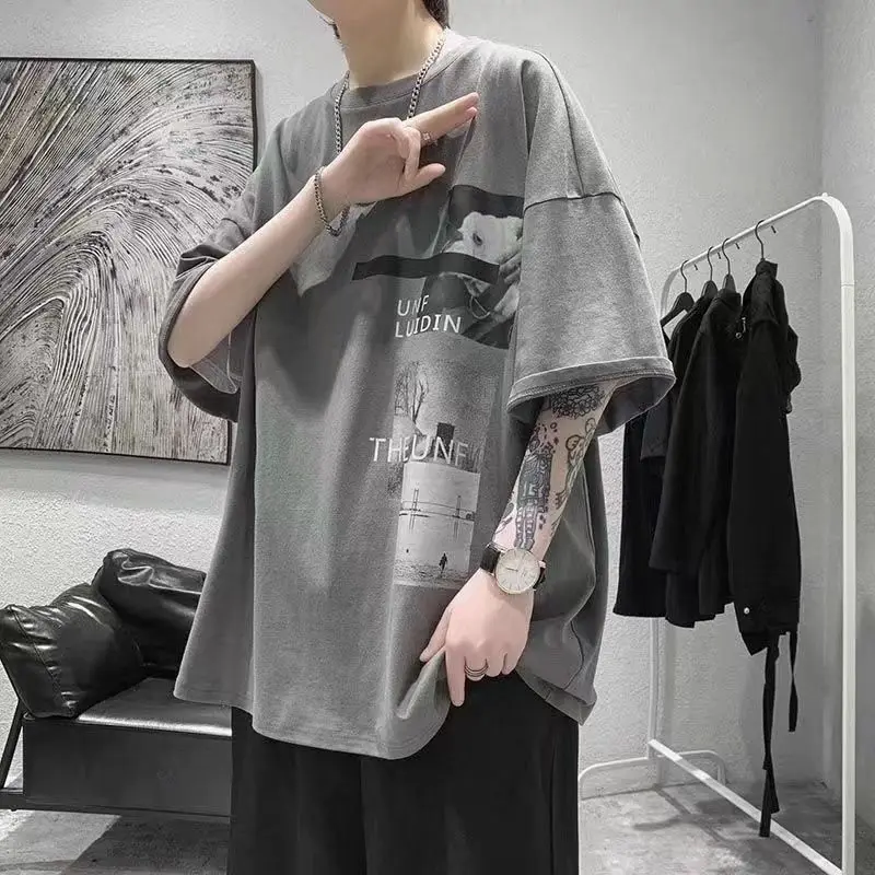 

Fashion O-Neck Printed Korean Asymmetrical T-Shirt Men's Clothing 2023 Spring New Loose Casual Pullovers All-match Tee Shirt