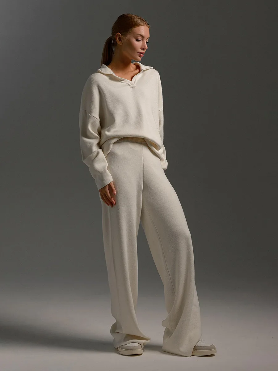 Casual Knitting Set European/American Autumn and Winter Sweater Set Polo Neck Knitting Pullover+Wide Leg Pants Two Piece Set