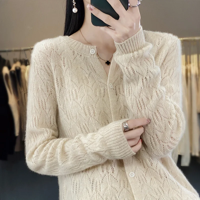

100% Fleece Cardigan Coat Female Knitted leggings Crewneck hollowed out 2023 spring and summer new outside with cashmere sweater
