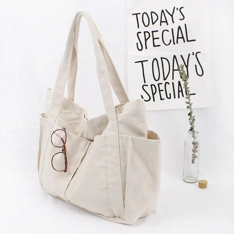 Multi-pockets Canvas Zipper Handbag for Student School Teacher Leisure Top-handle Bag for Teenager Big Shopping Shoulder Bag