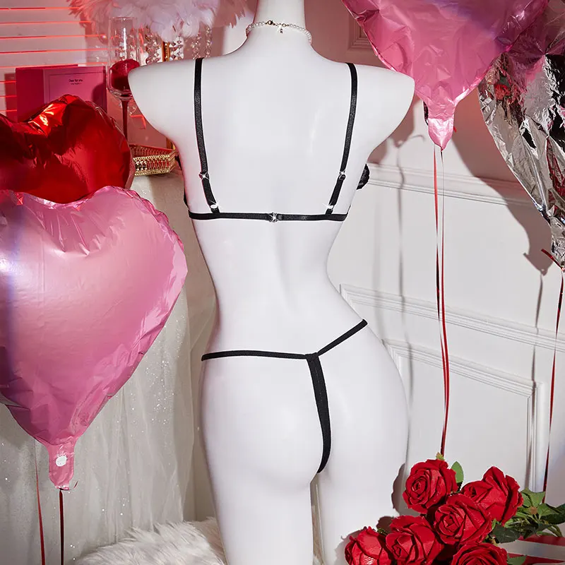 Embroidery Sexy Lace Bow Underwear Thong Women's Hollow Out See Through Bikini Erotic Thin Section Gathered Temptation Bra Set