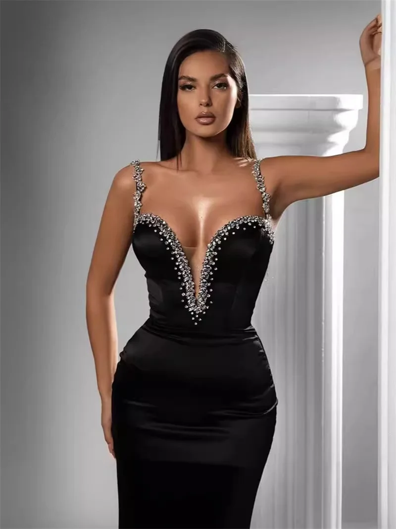 

Sequins Rhinestone Women Bandage Dress Backless Deep-V Neck Party Gown Unique Black Sleeveless Evening Dress New Design In Stock