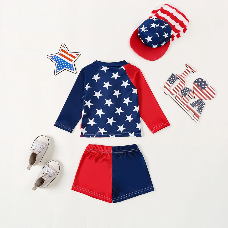FOCUSNORM 0-5Y Independence Day Baby Boys 3pcs Swimsuits Long Sleeve Stars Stripe Print Tops Shorts Swimwear Sets with Sun Hat