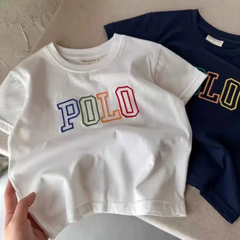 2025 Summer Kids Korean Style Simple 100% Cotton T Shirt for Children Trendy Letter Printed Tees Girls Daily Casual Sweatshirts 1